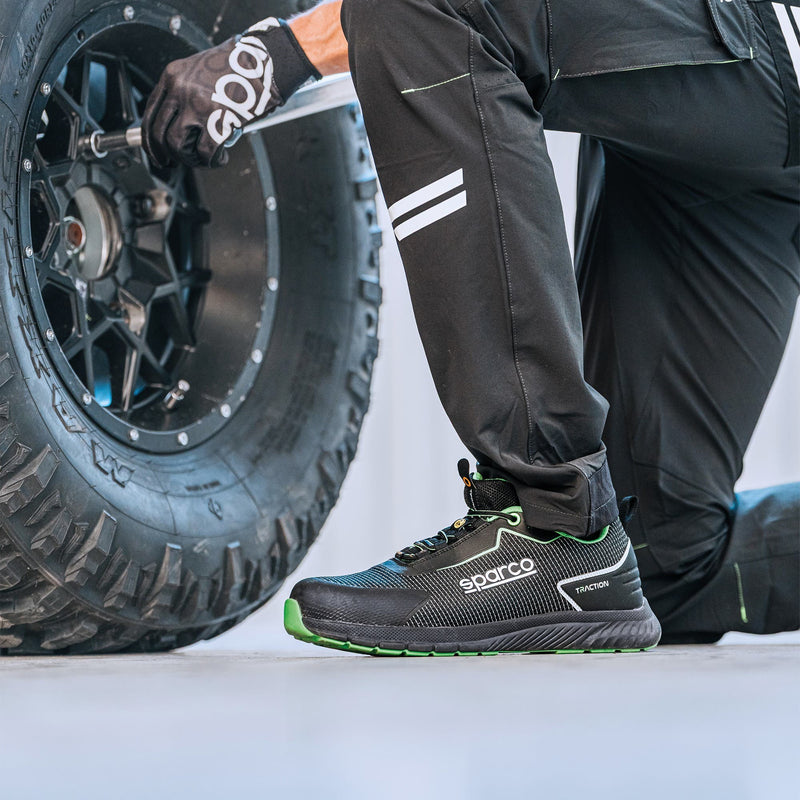 Sparco Safety Shoes S1PS Traction Sanyo Unisex Black/Fluorescent Green — Black/Fluo green