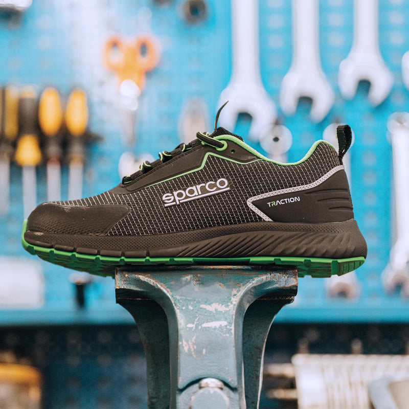 Sparco Safety Shoes S1PS Traction Sanyo Unisex Black/Fluorescent Green — Black/Fluo green